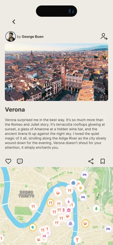 Wanderlust itinerary view for Verona by another traveler, showing description and map
