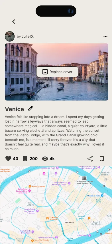 Wanderlust editable itinerary for Venice showing cover photo, description, and map with pins