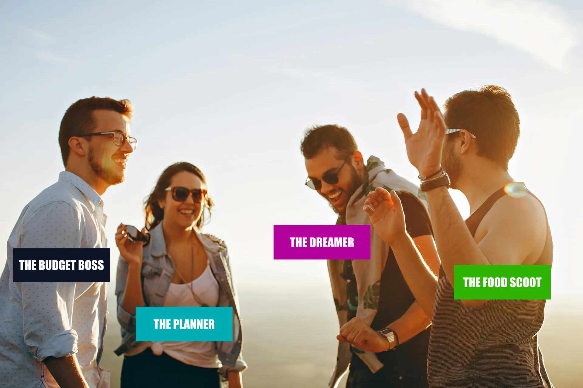 Four friends planning a trip together — The Budget Boss, The Planner, The Dreamer, and The Food Scout