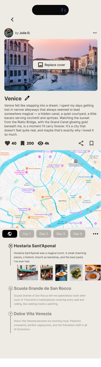 Wanderlust editable itinerary for Venice showing cover photo, description, map with pins, and day-by-day stops with photos